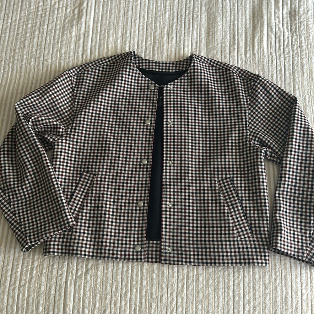 Madewell Black, White & Brown Gingham Snap-Front Bomber Jacket